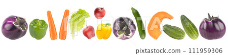 Panorama ripe and fresh fruits and vegetables with light reflection isolated on white Panorama ripe and fresh fruits and vegetables with light reflection isolated on white 111959306