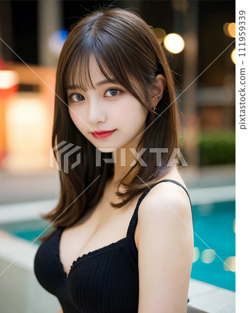 “AI-generated image” of a woman with long hair making a sharp face in a night pool 111959339