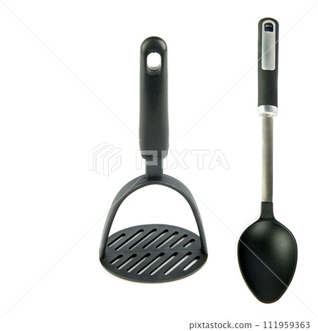 Kitchen utensils, potato masher and spoon isolated on white. Collage. There is free space for text. 111959363