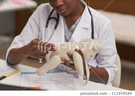 Close up of pediatric doctor explaining antibiotics injection using toy bear, copy space 111959584
