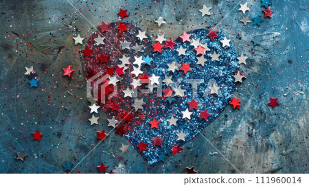 Closeup of glitter stars confetti in USA flag colors in heart shape. Template for national holidays background - Independence day(4th of July), Veterans day, Labor day, Memorial day concept. 111960014