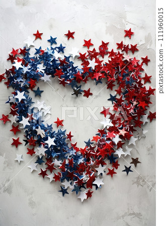 Closeup of glitter stars confetti in USA flag colors in heart shape. Template for national holidays background - Independence day(4th of July), Veterans day, Labor day, Memorial day concept. 111960015