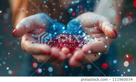 Closeup of glitter stars confetti in USA flag colors in hands. Template for national holidays background - Independence day(4th of July), Veterans day, Labor day, Memorial day concept. 111960034
