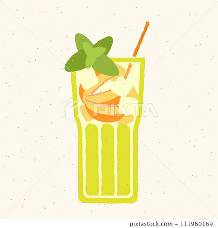 Green cocktail with peach, leaves. Summer drink in highball glass. Alcohol drink for bar Green cocktail with peach, leaves. Summer drink in highball glass. Alcohol drink for bar 111960169