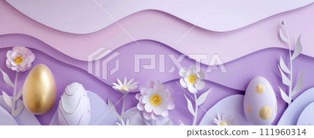 Beautiful decorated Easter eggs. Purple colored with floral elements. View from above, background with copyspace for your text. Easter celebration concept. 111960314