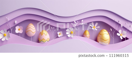 Beautiful decorated Easter eggs. Purple colored with floral elements. View from above, background with copyspace for your text. Easter celebration concept. 111960315