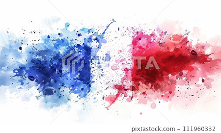 Watercolor abstract splashes background in France flag colors. Template for national holidays or celebration background. Holiday template background for banner, invitation, postcard, background, 111960332