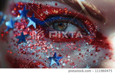 USA flag made from glitter stars and sparkles on woman's face. Concept for Independence day (4th of July) holiday celebration. 111960475