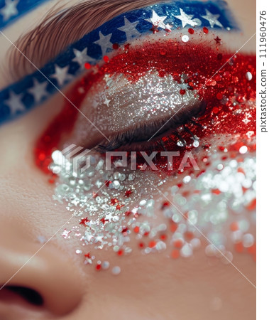 USA flag made from glitter stars and sparkles on woman's face. Concept for Independence day (4th of July) holiday celebration. 111960476