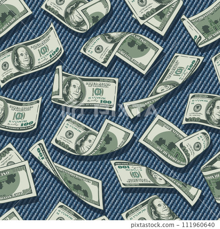 Denim seamless pattern with scattered 100 US dollar notes on blue jeans texture. Falling, folded, twisted, flying dollar banknotes. For prints, clothing, t shirt, surface design Vintage style Not AI 111960640