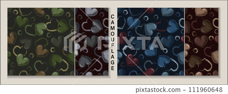 Set of camouflage patterns with hearts. Grunge outline silhouettes of hearts, circles behind. Dark illustration for woman t shirt design, textile, sport clothing, goods. Set of camouflage patterns with hearts. Grunge outline silhouettes of hearts, circles behind. Dark illustration for woman t shirt design, textile, sport clothing, goods. 111960648
