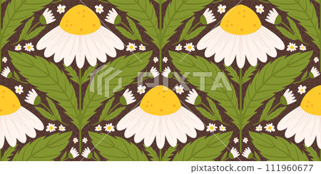 Seamless pattern with daisy flower. Chamomile repeated design on brown background. Seamless pattern with daisy flower. Chamomile repeated design on brown background. 111960677