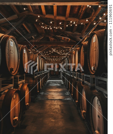 AI-generated content. Old wooden Barrels in the wine cellar. Vintage Oak barrels with cognac or wine 111960691