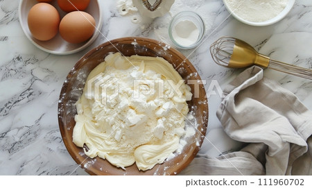 AI-generated content. The flour in bowl, egg, milk and whip for beating. 111960702