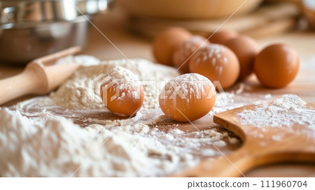 AI-generated content. The flour in bowl, egg, milk and whip for beating. 111960704