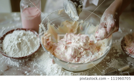 AI-generated content. The flour in bowl, egg, milk and whip for beating. 111960705