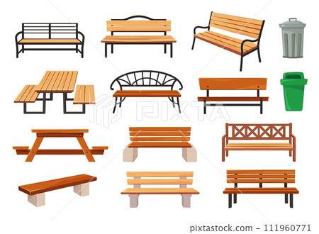 Garden bench. Outdoor furniture, park benches, waste bins and picnic tables cartoon vector illustration set Garden bench. Outdoor furniture, park benches, waste bins and picnic tables cartoon vector illustration set 111960771