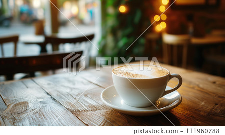 A cup of aromatic cappuccino coffee with foam, on wooden table in a cafe with cozy interior at the background 111960788