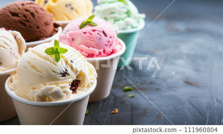 Advertising shot, multiple cups of different taste and color ice cream bowls on the dark wooden table 111960804