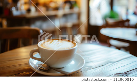 A cup of aromatic cappuccino coffee with foam in the form of a tree, on wooden table in a cafe with cozy interior at the background 111960810