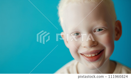 Albino child portrait, smiling boy in white with white hair isolated on solid neutral blue background 111960824