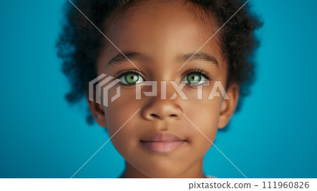 Dark skinned child portrait, girl with brown hair and green eyes looks straight on solid neutral blue bacnground 111960826