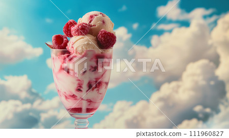Advertising shot, white vanilla ice cream with raspberry and cream in glass and blue cloudy sky at the background Advertising shot, white vanilla ice cream with raspberry and cream in glass and blue cloudy sky at the background 111960827