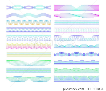 Seamless guilloche dividers. Colorful wave patterns and spirograph lines decorative elements vector set Seamless guilloche dividers. Colorful wave patterns and spirograph lines decorative elements vector set 111960831