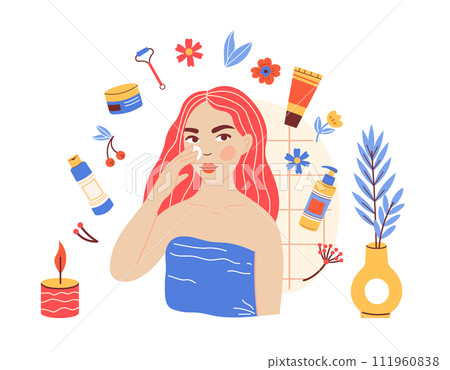 Young woman skincare routine. Female character applying cleanser, mask or cream. Everyday beauty cosmetic Young woman skincare routine. Female character applying cleanser, mask or cream. Everyday beauty cosmetic 111960838