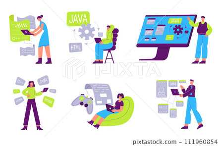 Web developers, software programmers work illustration set. Game testers checking quality and fixing bugs 111960854
