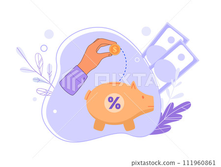 Saving money, investment concept. Character putting dollar coin into piggy bank. Person depositing money to get profit Saving money, investment concept. Character putting dollar coin into piggy bank. Person depositing money to get profit 111960861