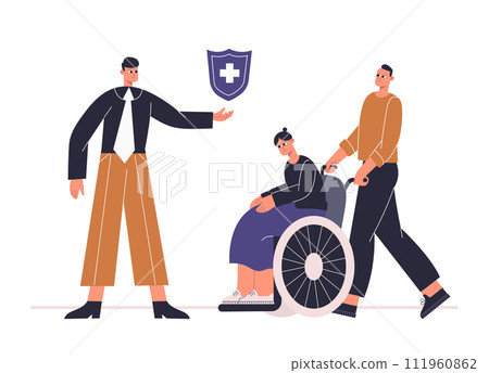 Risk insurance protecting health for disabled person. Insure life from accident or illness. Consultant offering medical package Risk insurance protecting health for disabled person. Insure life from accident or illness. Consultant offering medical package 111960862