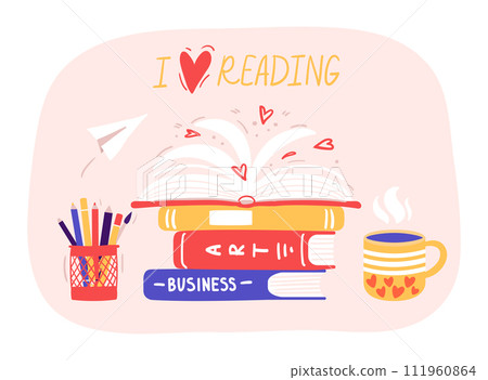 Reading books. Stack of library books with hand drawn lettering. Home library with art and business handbooks pile Reading books. Stack of library books with hand drawn lettering. Home library with art and business handbooks pile 111960864