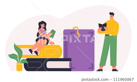 Cartoon books. Textbooks for reading and school education. Notebook and kids literatureReading book lover characters read paper books Cartoon books. Textbooks for reading and school education. Notebook and kids literatureReading book lover characters read paper books 111960867