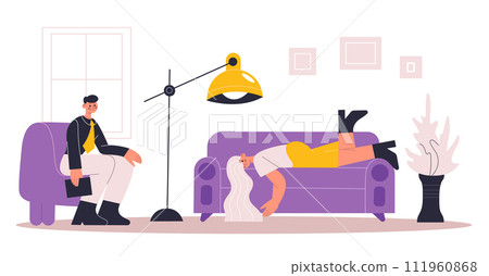 Psychotherapy help individual. Male psychologist listening to depressed woman. Female patient lying on sofa 111960868