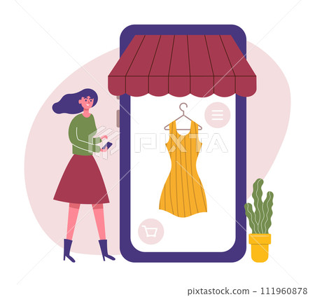 Online store purchasing, mobile payment. Woman using smartphone to order clothes. Phone screen with shop selling dress 111960878