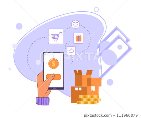 Online shopping, pay credit card in retail. Hand holding smartphone to pay for goods. Ordering products, using payment systems 111960879