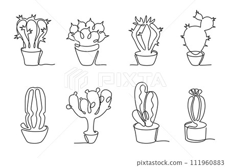 One continuous line potted cactus. Mexican prickly succulent with thorns in pots. Botanical plants with blooming flowers One continuous line potted cactus. Mexican prickly succulent with thorns in pots. Botanical plants with blooming flowers 111960883