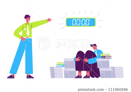 Deadline concept. Cartoon stressed employee under pressure, manager shouting at colleague. Anxious office worker 111960896
