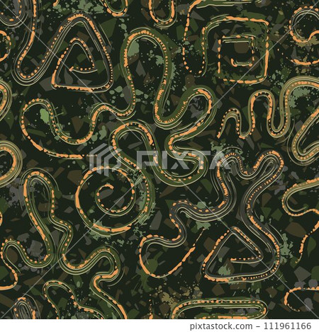 Seamless khaki green camouflage pattern with abstract wavy shapes, swirls, twirls, paint brush strokes, blots, spattered paint. Dense random composition. Grunge texture 111961166