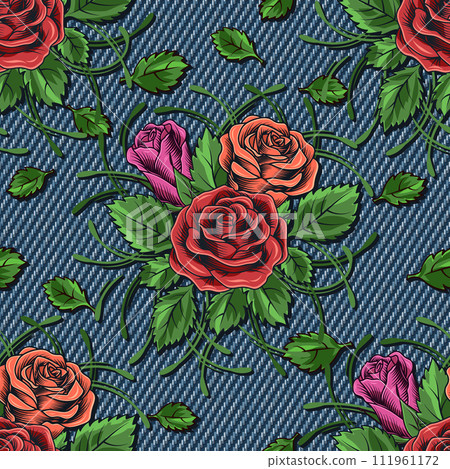 Denim floral seamless pattern with bouquet of roses. Lush blooming red, orange flowers with tendril, scattered leaves on blue jeans texture. For prints, clothing, apparel, surface design Vintage style Denim floral seamless pattern with bouquet of roses. Lush blooming red, orange flowers with tendril, scattered leaves on blue jeans texture. For prints, clothing, apparel, surface design Vintage style 111961172