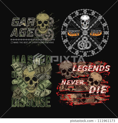 Set of camouflage labels with human skull, gears, dollar money, text. Dark grunge t shirt graphics in gothic style. For apparel, fabric, textile, sport goods. Not AI Set of camouflage labels with human skull, gears, dollar money, text. Dark grunge t shirt graphics in gothic style. For apparel, fabric, textile, sport goods. Not AI 111961173