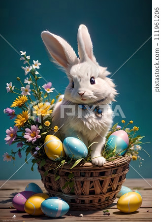 White bunny with Easter eggs in nature. 111961206
