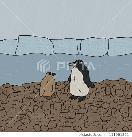 King penguin and a chick. Vector hand drawn cartoon illustration. Two Antarctic birds on the beach near the sea and icebergs. Polar textured illustration King penguin and a chick. Vector hand drawn cartoon illustration. Two Antarctic birds on the beach near the sea and icebergs. Polar textured illustration 111961261
