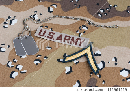 US ARMY private rank patch and dog tags on Desert Battle Dress Uniform US ARMY private rank patch and dog tags on Desert Battle Dress Uniform 111961319