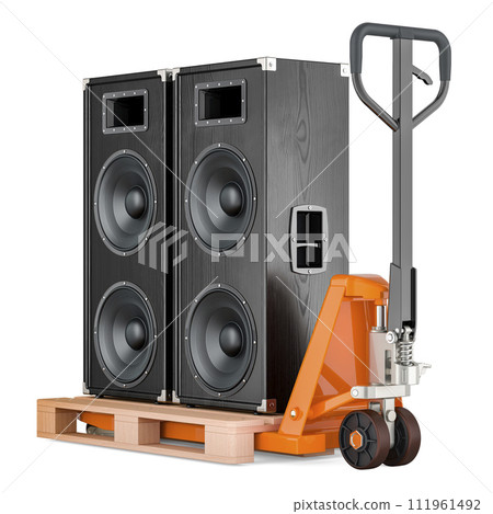 Pallet jack with Concert Speakers, 3D rendering Pallet jack with Concert Speakers, 3D rendering 111961492
