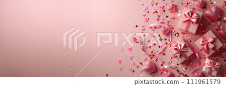 Valentine's Day theme with gifts, confetti, and hearts set against a pink background 111961579