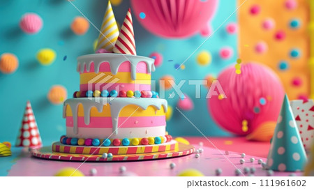 Vibrant birthday celebration backdrop with a birthday cake and party hats. 111961602