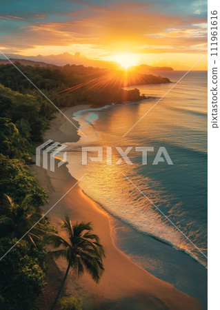 Beautiful tropical island paradise beach in sunset. Palm trees, soft white sand and turquoise water 111961616