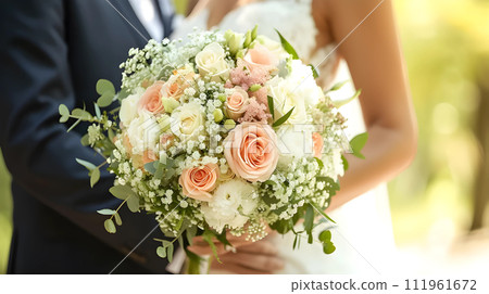 AI-generated content. Bride and groom wedding couple with a bouquet of white color flowers , generated AI 111961672